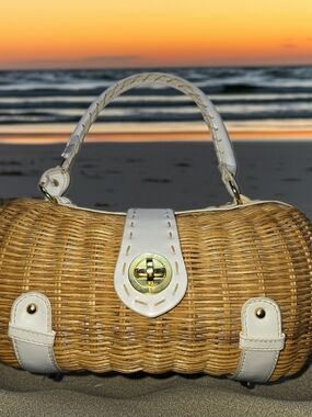Woven Straw Top-Handle Bag with White Trim. Womens Purse